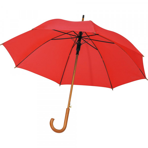 Werbeschirm: Automatikregenschirm aus recyceltem PET, mit Holzstock und Holzgriff, Bespannung in Rot