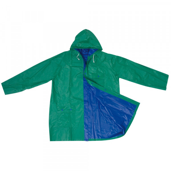 Regenjacke bedrucken: Zweifarbige phthalatfreie Wende Regenjacke aus PVC in Grün/Blau 