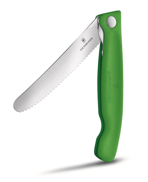 Victorinox Küchenmesser mit Gravur: Victorinox faltbares Gemüsemesser mit Wellenschliff in der Farbe Grün