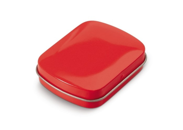 Werbeartikel Pfefferminz: Mini Pfefferminzdose, gefüllt mit 23 g Pfefferminzbonbons, Farbe: Rot 